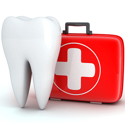 An image of a tooth and medical kit for emergency dental care.